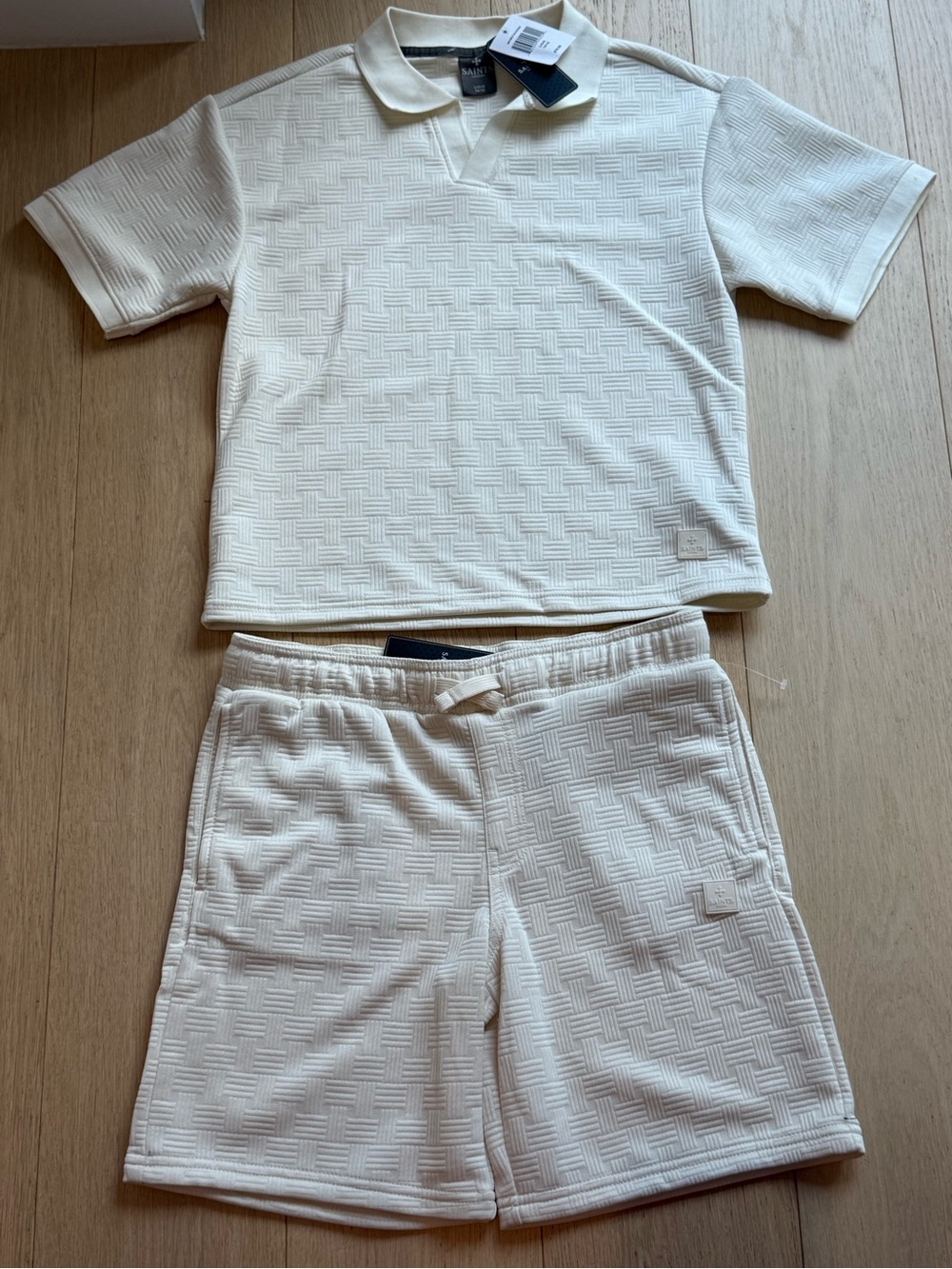 Saints Studio Boys Cream Textured Polo Shirt Shorts Set Size 14/16 NWT Large